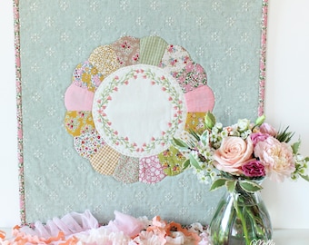 Blooming Vines Table Topper Pattern - Embroidered, hand pieced Dresden with hand quilting (PDF Download)