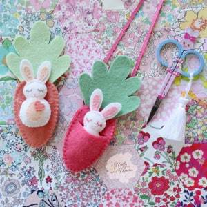 FELT BUNNY PDF Pattern 'Bitty Bunnies' Easter pattern mini rabbit with felt carrot sleeping bag, necklace, embroidery, sewing image 5