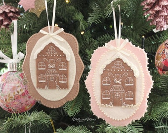 GINGERBREAD HOUSE PDF Sewing Pattern - Wool felt, beaded, hand stitched, gingerbread house decoration or ornament for the Christmas tree.