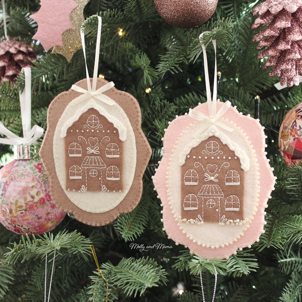 GINGERBREAD HOUSE PDF Sewing Pattern - Wool felt, beaded, hand stitched, gingerbread house decoration or ornament for the Christmas tree.