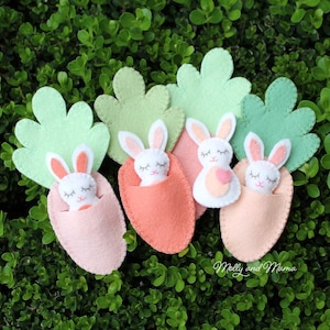 FELT BUNNY PDF Pattern 'Bitty Bunnies' Easter pattern mini rabbit with felt carrot sleeping bag, necklace, embroidery, sewing image 6