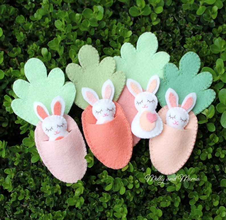 FELT BUNNY PDF Pattern 'Bitty Bunnies' Easter pattern mini rabbit with felt carrot sleeping bag, necklace, embroidery, sewing image 6