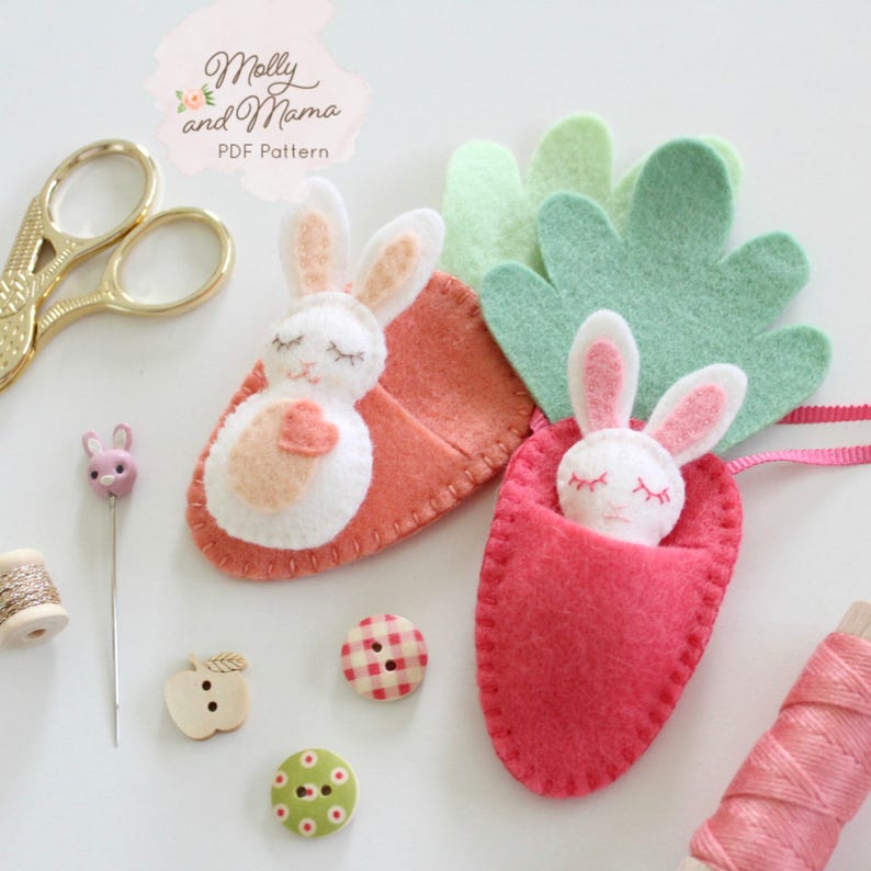 FELT BUNNY PDF Pattern 'Bitty Bunnies' Easter pattern mini rabbit with felt carrot sleeping bag, necklace, embroidery, sewing image 9