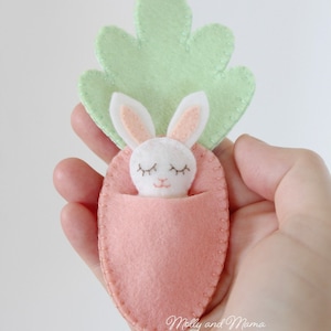 FELT BUNNY PDF Pattern 'Bitty Bunnies' Easter pattern mini rabbit with felt carrot sleeping bag, necklace, embroidery, sewing image 4