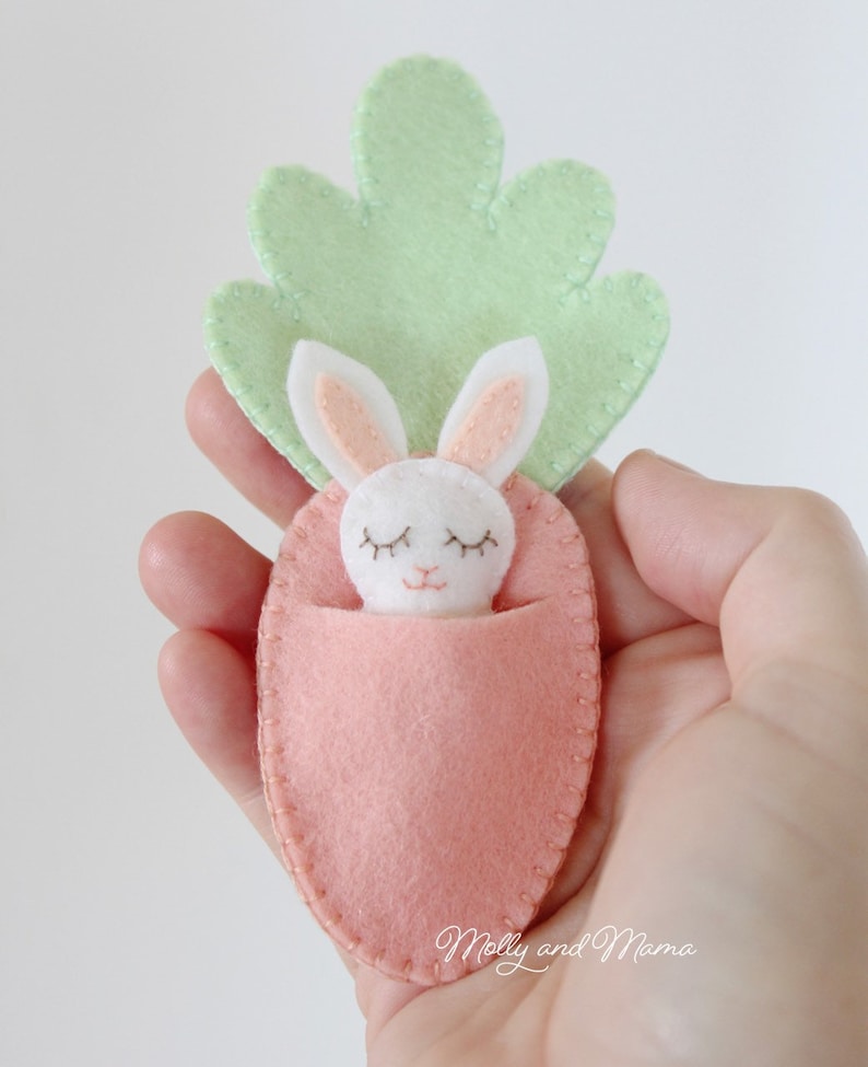 FELT BUNNY PDF Pattern 'Bitty Bunnies' Easter pattern mini rabbit with felt carrot sleeping bag, necklace, embroidery, sewing image 4