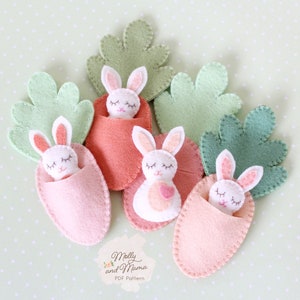 FELT BUNNY PDF Pattern - 'Bitty Bunnies' Easter pattern; mini rabbit with felt carrot sleeping bag, necklace, embroidery, sewing