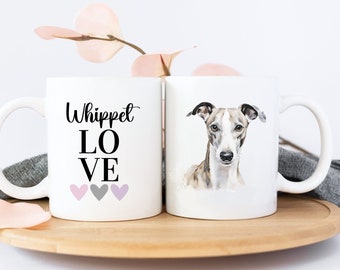 Personalizable cup with a Whippet portrait, Whippet Love with hearts, motif cup with a greyhound watercolor