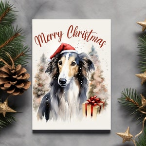 Biglietto di Natale Borzoi di Natale, fantastico biglietto pieghevole con un levriero, auguri di Natale Buon Natale per i proprietari di cani