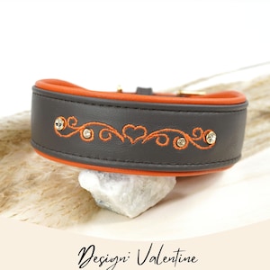 Narrow greyhound collar made of leather, leather collar embroidered with a heart ornament and rhinestone rivets, high-quality dog collar handmade