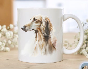 Personalisable mug with a Saluki portrait, theme mug sighthound aquarelle and name or breed name, painterly pottery mug in watercolours