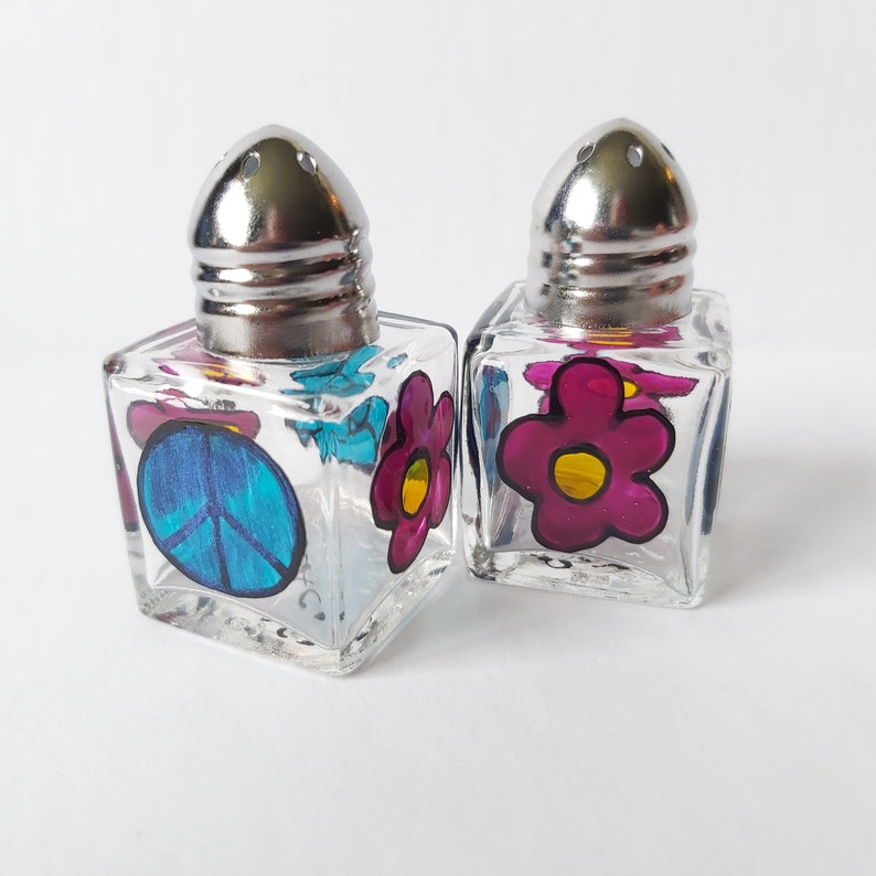 Mini Salt & Pepper Hippie Peace and Flowers Handpainted Mini Shakers Etsy