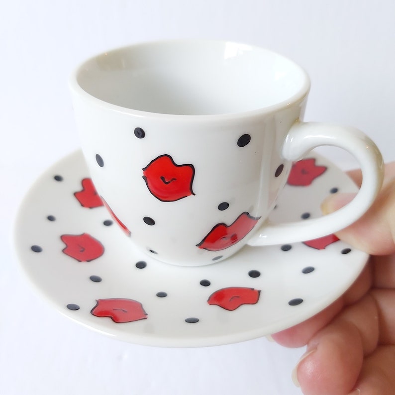 Espresso Smoochies Handpainted Lips Kisses Love Cup and Saucer Porcelain Set image 2