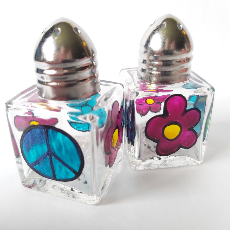 Mini Salt & Pepper Hippie Peace and Flowers Handpainted Mini Shakers Etsy