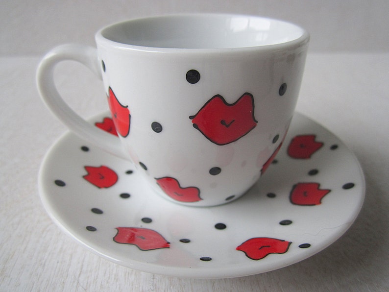 Espresso Smoochies Handpainted Lips Kisses Love Cup and Saucer Porcelain Set image 7