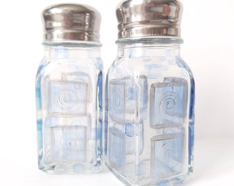 Blue Salt and Pepper Handpainted Frosted & Silver Swirls Classy Shakers