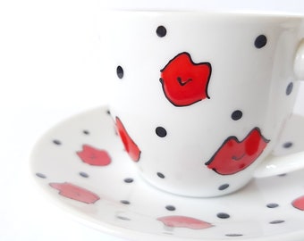 Espresso Smoochies Handpainted Lips Kisses Love Cup and Saucer  Porcelain Set