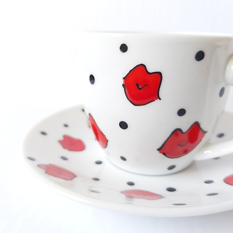 Espresso Smoochies Handpainted Lips Kisses Love Cup and Saucer Porcelain Set image 1