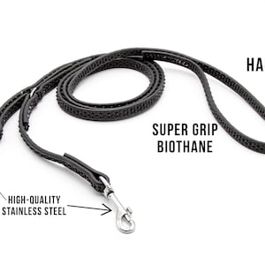May include: Black leather dog leash with a textured grip and two high-quality stainless steel clips. The leash has a handle at the end and says "SUPER GRIP BIOTHANE" on the side.