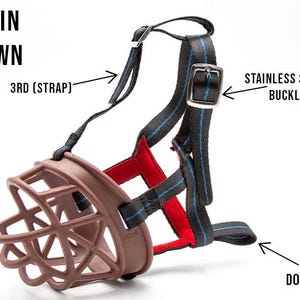 May include: Brown dog muzzle with a black and blue adjustable strap. The muzzle has a stainless steel buckle and attaches to a dog's collar. Available in red and brown.
