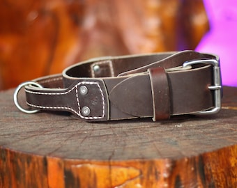 May include: A brown leather dog collar with a silver buckle and a D-ring. The collar has white stitching and is made of thick, durable leather.