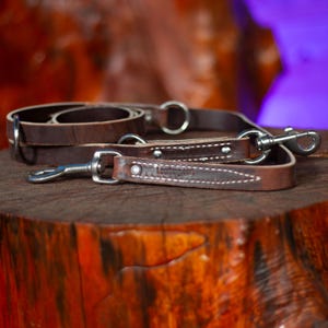 May include: A brown leather dog lead with a silver clip and a stitched design. The lead is rolled up and has a second, smaller loop.