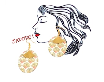 Grandes boucles d'oreilles japonisantes ovales papier japonais éventail doré crochets d'oreilles dorés