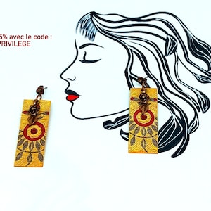 Orecchini giallo ocra/rosso, rettangolo lungo, motivo grafico, orecchini a bottone in metallo ramato, idea regalo