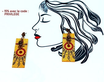 Boucles d'oreilles jaune ocre/ rouge, long rectangle, motif graphique, tiges d'oreilles en métal cuivre