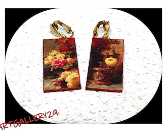 Boucles d'oreilles clips pendantes peinture rétro, boucles d'oreilles longs clips d'oreilles peinture vintage, ETSY/ARTGALLERY29