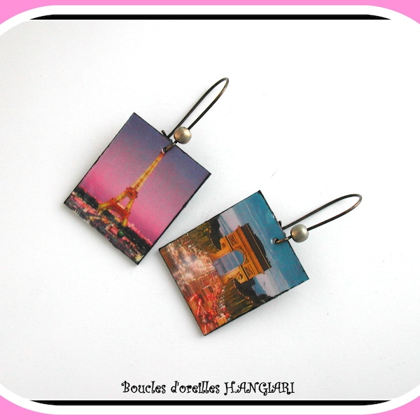 Parisian earrings, Paris, monuments of Paris, Eiffel Tower, Arc de Triomphe, mismatched Paris