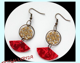 Originali orecchini rossi giapponesi, cerchio di bronzo, orecchini rosa e rossi, design a ventaglio, accessorio di gioielleria