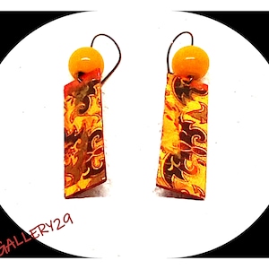 Fall colored dangling sleeper earrings, autumnal artistic earrings