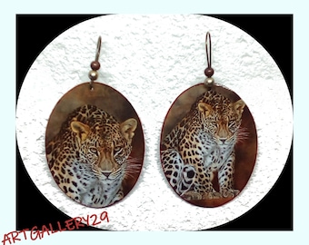 MOTIF LEOPARD Grandes boucles d'oreilles ovales motif panthère ou léopard-boucles d'oreilles médaillon de forme ovale sur dormeuse bronze