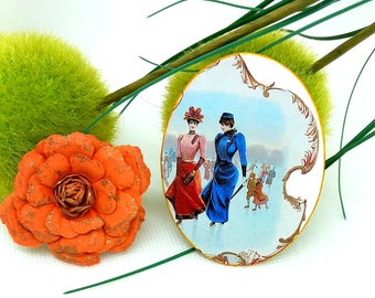 Brosche im Vintage-Stil, Retro-Brosche, ovale Brosche mit Vintage/Retro-Druck, Retro-Schmuckgeschenk