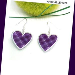 Orecchini a cuore / cuore viola / motivo pied de poule - Piccoli orecchini viola