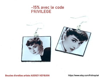 SILVER artistic artist Audrey Hepburn earrings on black and white square, promo code: PRIVILEGE