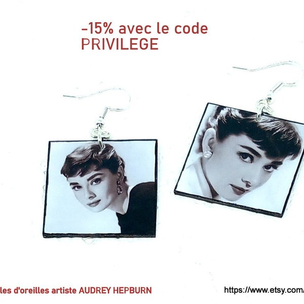 BOUCLES d'oreilles ARGENT artistiques artiste Audrey Hepburn sur carré noir et blanc, code promo: PRIVILEGE