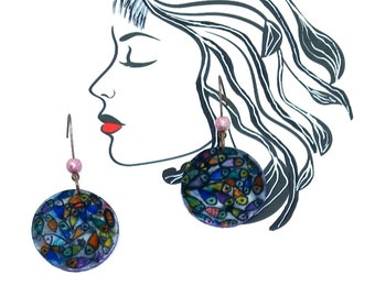Fish EARRINGS, school of fish earrings dark blue round stained glass style dangling on long hooks