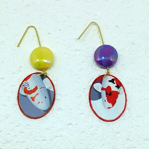 MISPAIRED FISH EARRINGS oval shape, multicolored fish hanging earrings, sailor gift idea image 3