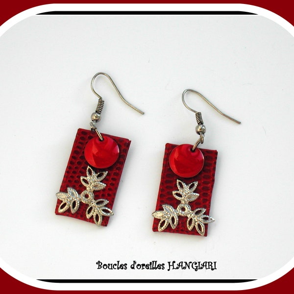 ETSY// Collection rouge/argent- Boucles d'oreilles simple rouge, rectangle, accessoire femme rouge ~Boucles d'oreilles sequin émaillé rouge