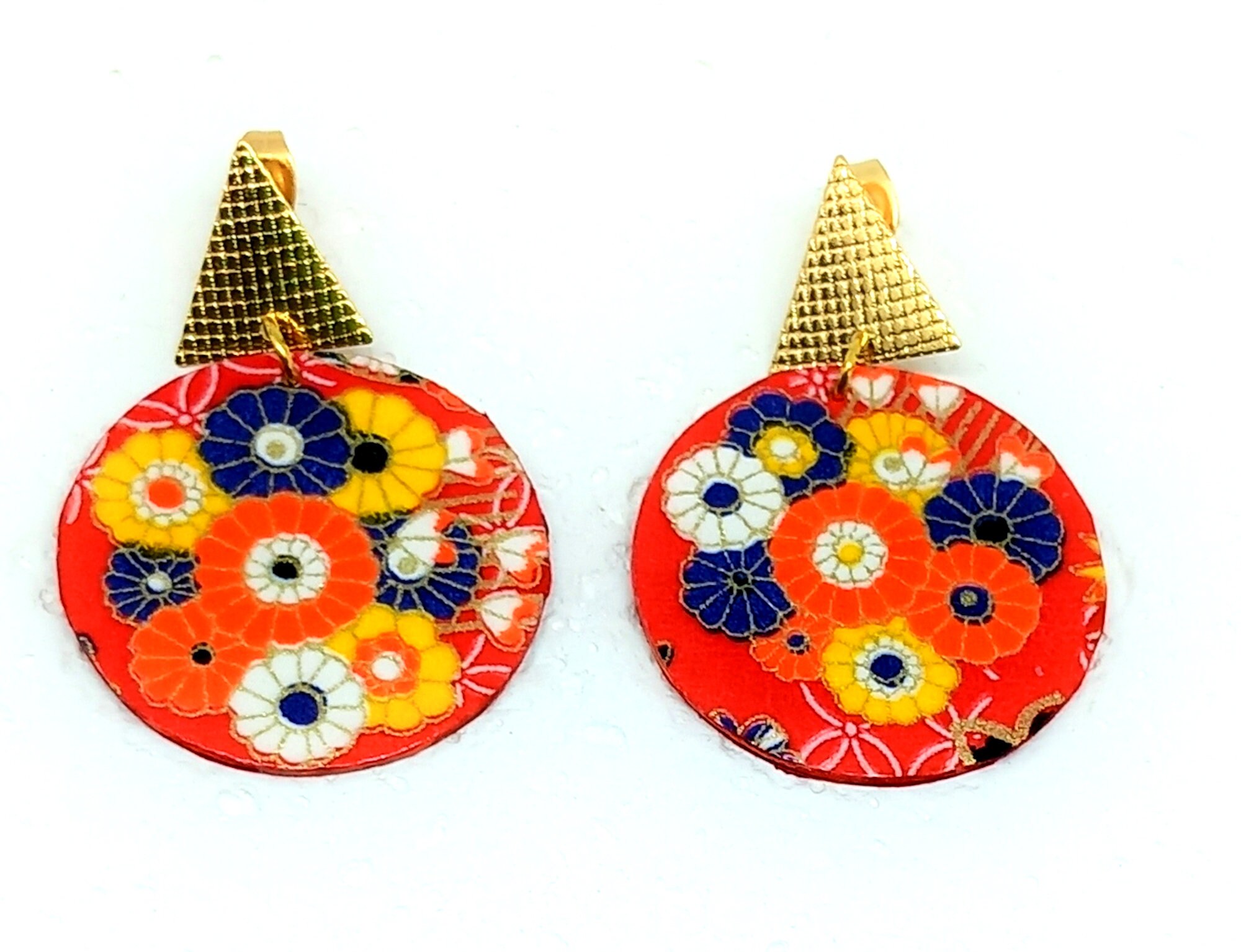 Red and Gold Wave Japanese Paper and Wood Earrings