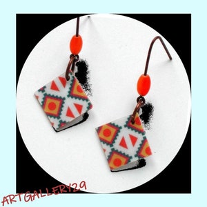 Ethnic # Collection #: orecchini quadrati grafici, motivi etnici grafici, forma a diamante, motivi aztechi, ganci in rame