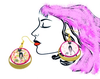 PUSSYCAT earrings large golden hoop earrings black cat on a pink background pussy cat, mismatched cat earring