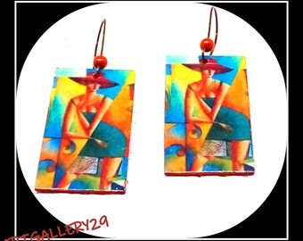 CUBISM earrings graphic artistic cubism turquoise / orange representation woman , earrings turquoise / orange