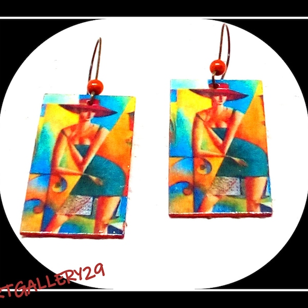 CUBISM earrings graphic artistic cubism turquoise / orange representation woman , earrings turquoise / orange