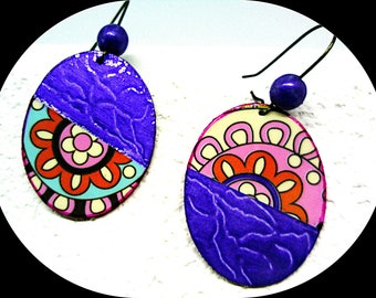 GRAND OVALE-- Grandes boucles d'oreilles dépareillées ovales violet motif graphique style naif ton rose/ orange ETSY/ artgallery29