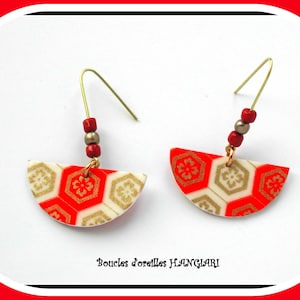 Collezione asiatica: orecchini, carta giapponese, oro bianco rosso, stile giapponese, tendenza, rosso e oro, orecchini lunghi