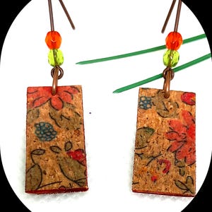 Minimalist cork earrings with hand-painted floral pattern, small rectangle flowers on cork