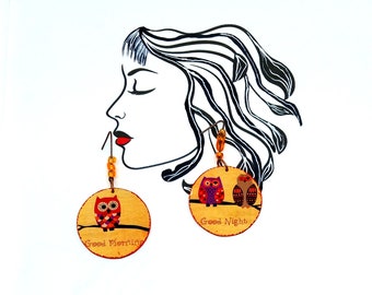 Boucles d'oreilles orange | illustration chouette | Dépareillées fait main | bijoux nature originaux | cadeau amusant à message