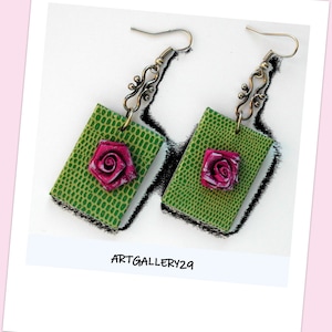Faux leather COLLECTION: Elegantes aretes rectangulares rectangulares rectangulares de cuero verde, pendientes de flores de tela